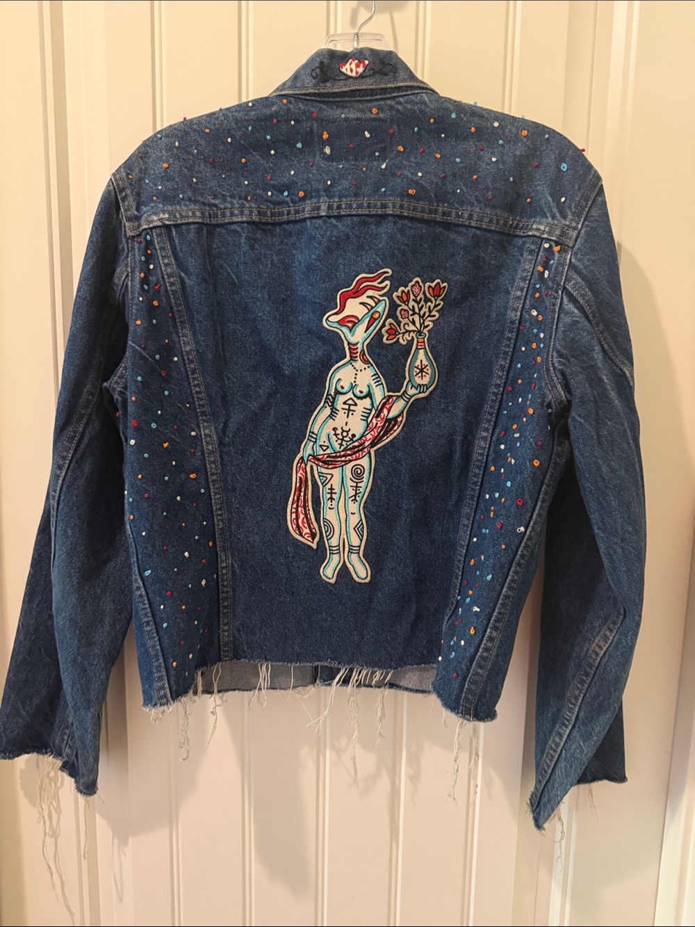 Vintage Upcycled Levi’s denim jacket. Henry Hablak Mythical Embroidered